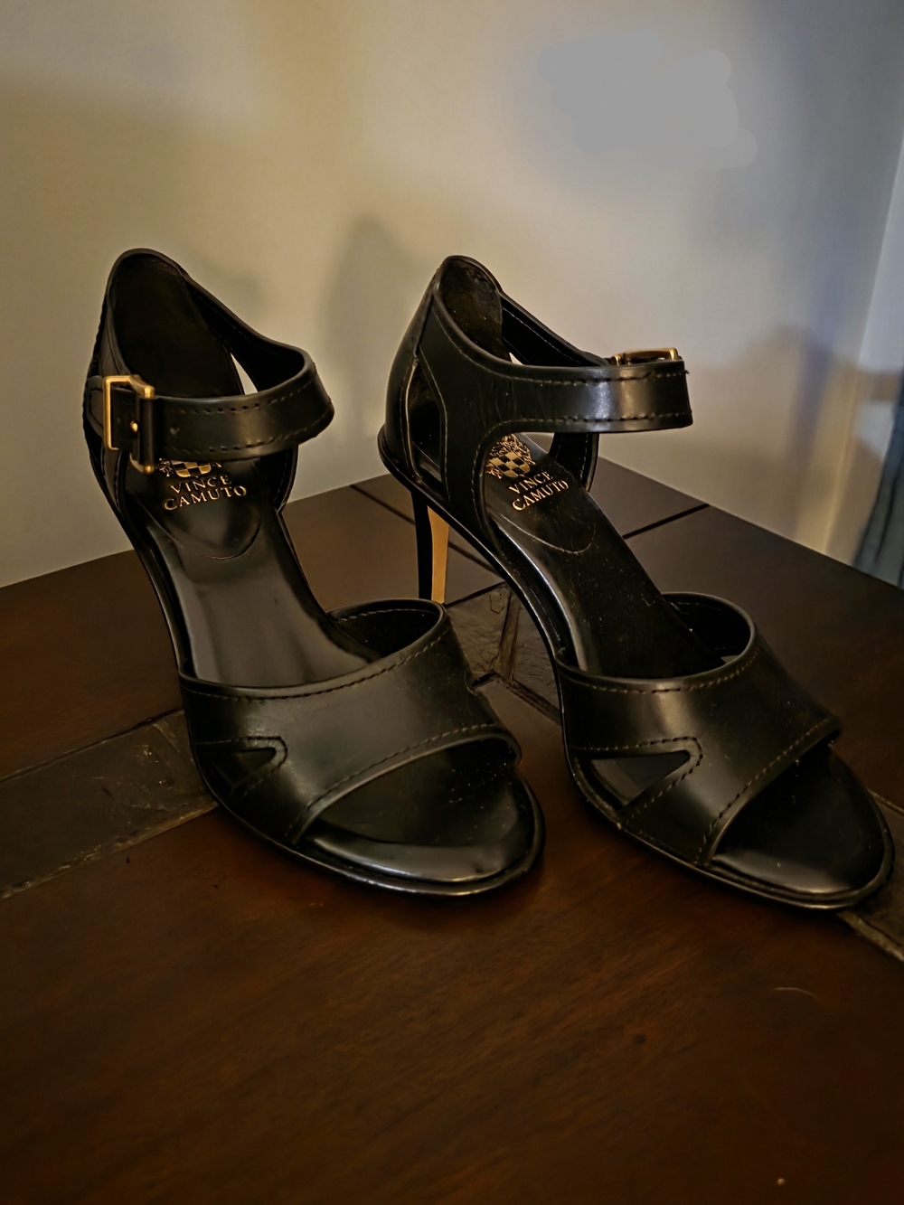 Vince Camuto Black Leather Open-Toe Ankle-Strap Heels with Gold Buckle Accent